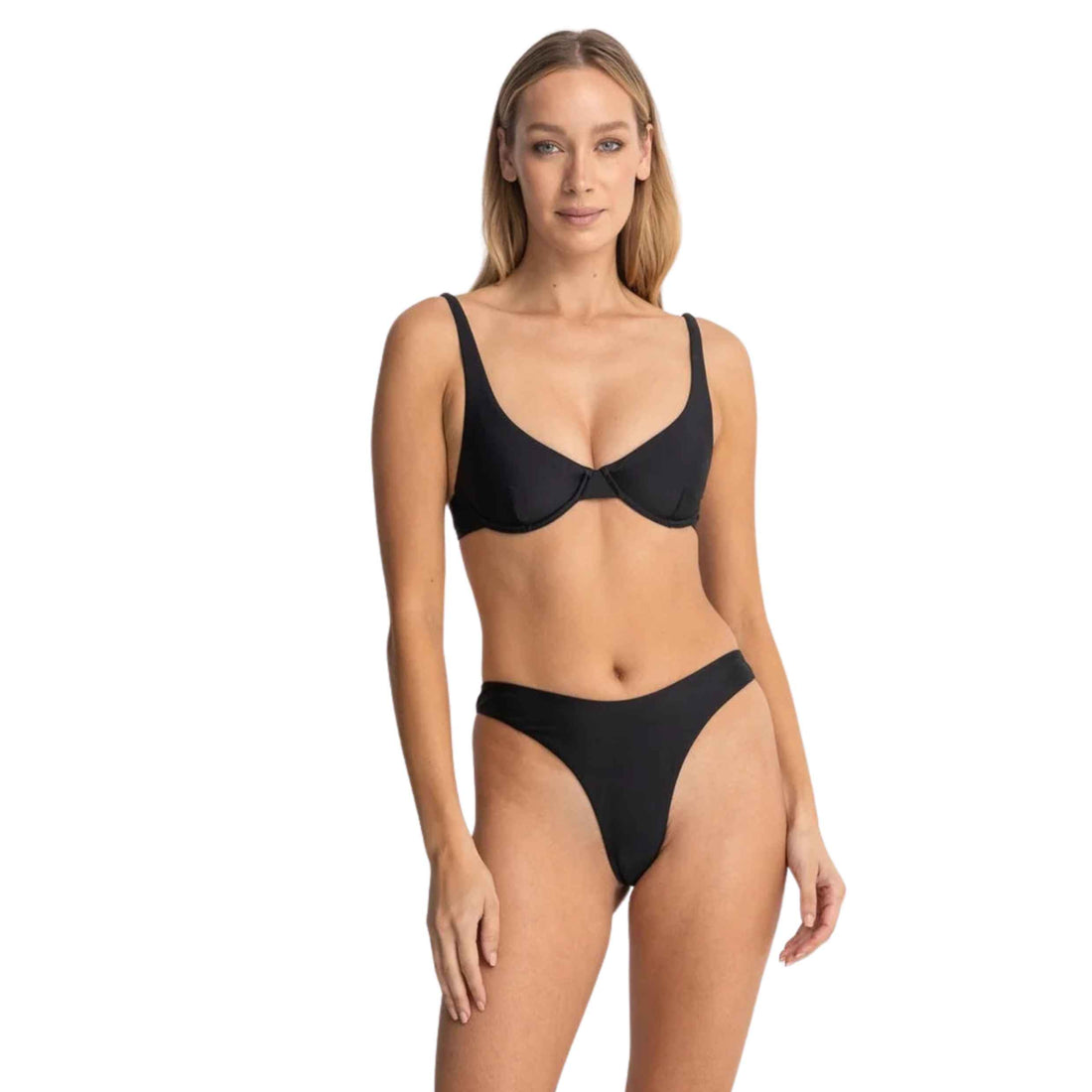 Rhythm Classic Hi-Cut Bikini Pant in Black with medium coverage and a high-hip fit, available at Freeride Surf & Skate NZ.