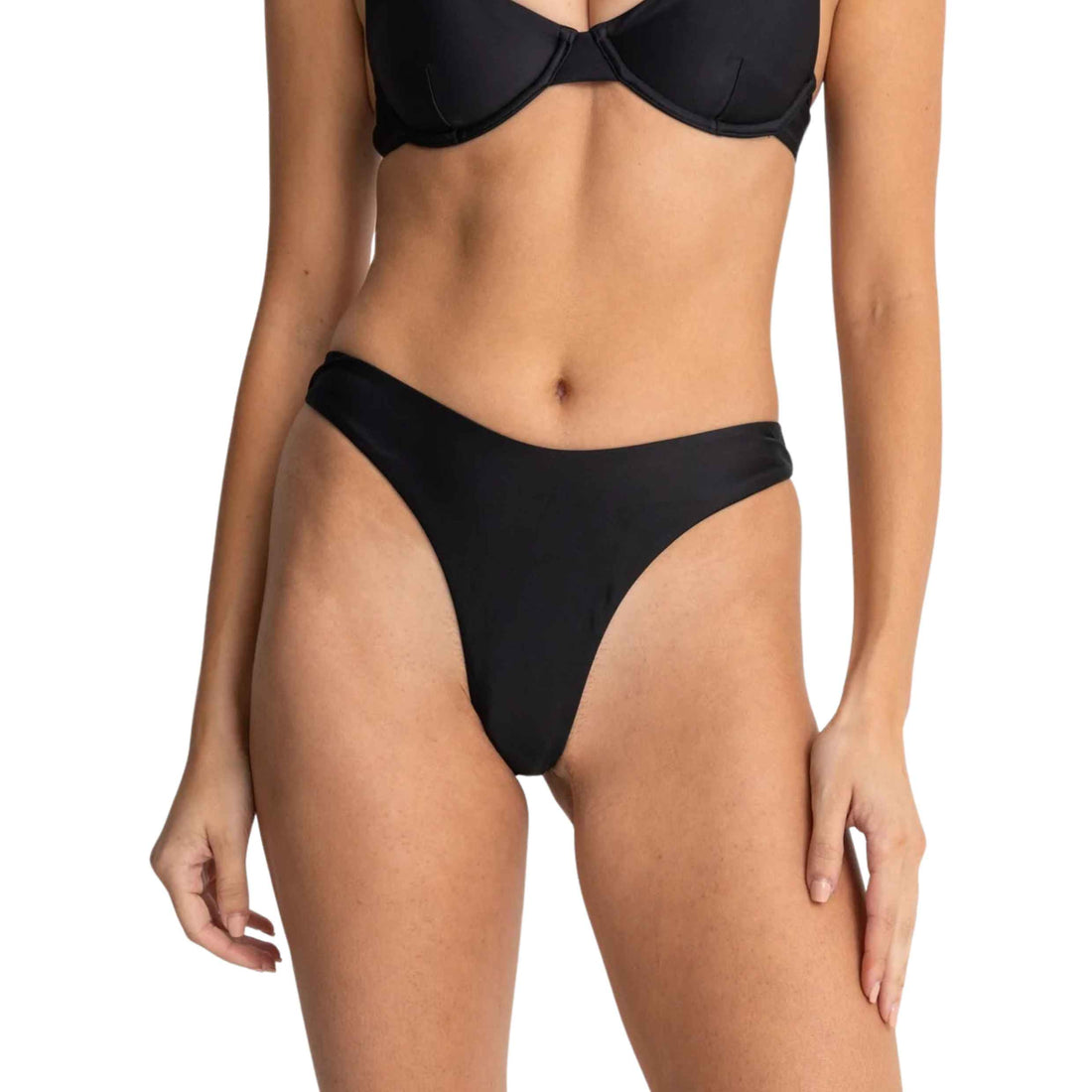 Rhythm Classic Hi-Cut Bikini Pant in Black with medium coverage and a high-hip fit, available at Freeride Surf & Skate NZ.