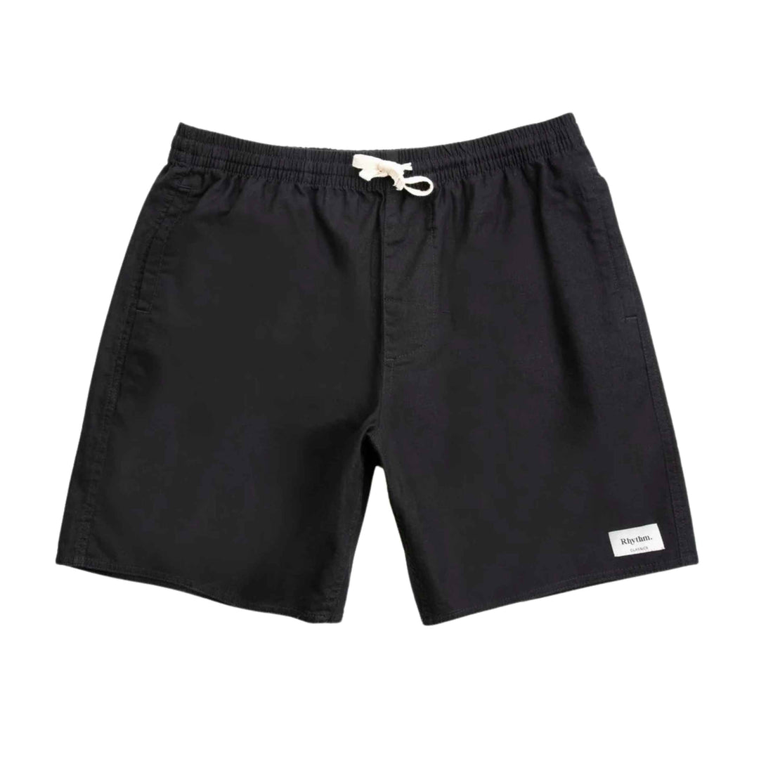 Rhythm Classic Linen Jam Short in Black with a relaxed fit and elastic drawcord waist, available at Freeride Surf & Skate NZ.