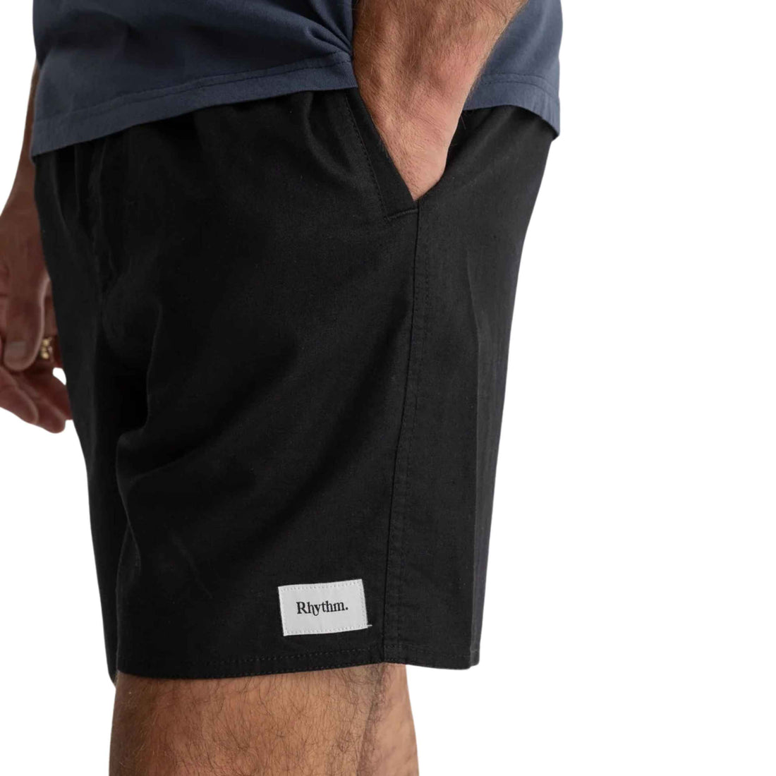 Rhythm Classic Linen Jam Short in Black with a relaxed fit and elastic drawcord waist, available at Freeride Surf & Skate NZ.