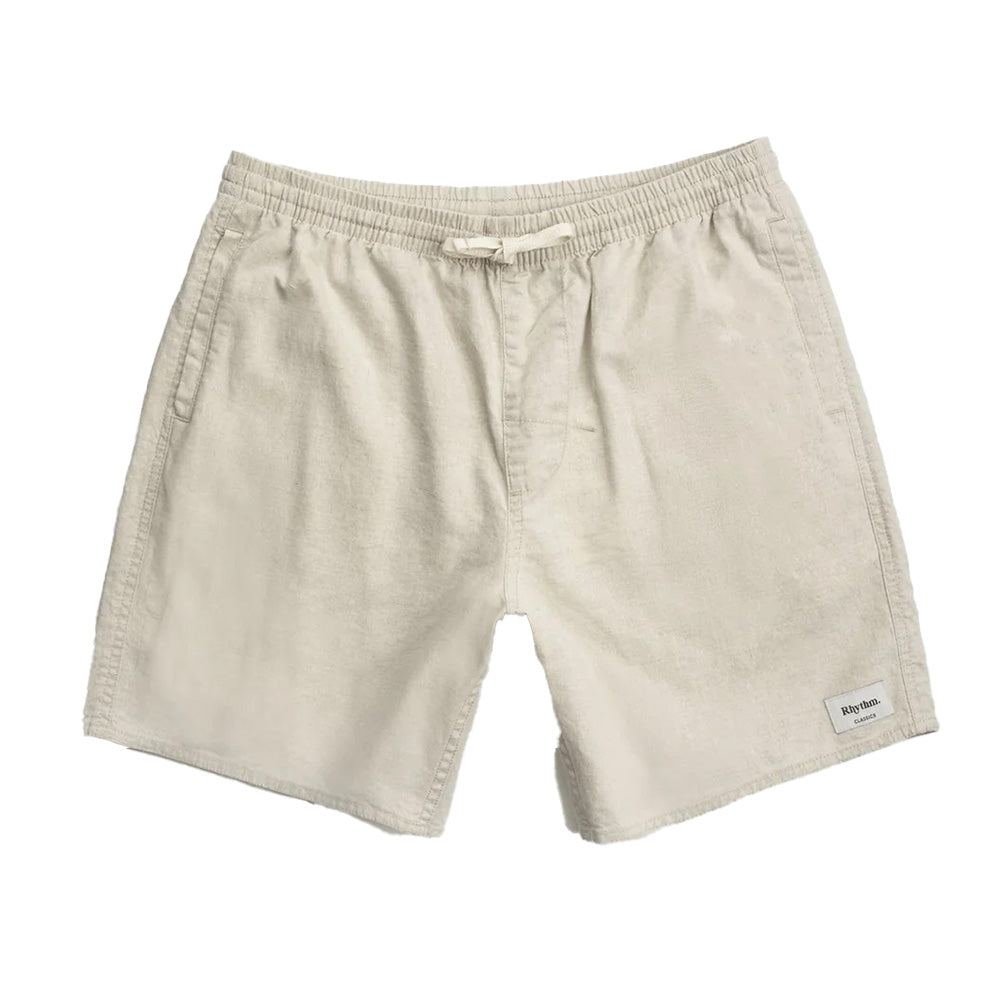 Rhythm Classic Linen Jam Shorts in Sand with relaxed above-the-knee fit, elastic drawcord waist and side pockets.