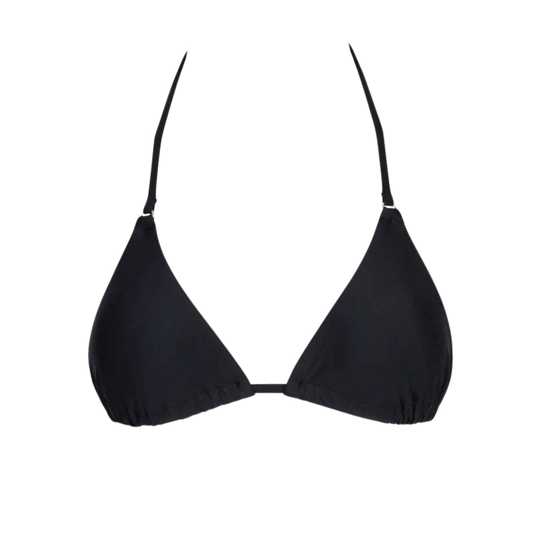 A black triangle bikini top with thin adjustable shoulder straps and a small center tie, shown against a plain white background.