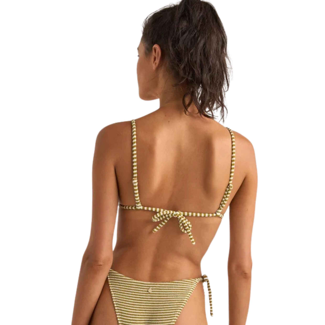 Rhythm Cove Stripe Slide Tri Bikini Top in Olive with adjustable triangle fit and vintage-inspired stripes, available at Freeride Surf & Skate NZ.