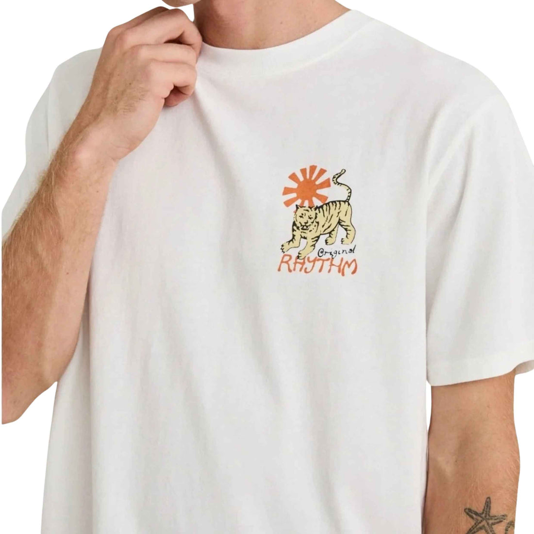 Rhythm Men's Tiger Vintage T-Shirt in Vintage White with a relaxed everyday fit, available at Freeride Surf & Skate NZ.