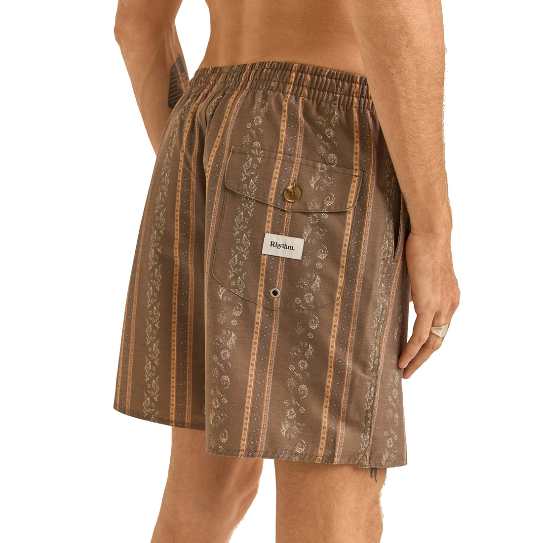 Rhythm Paisley Stripe Beach Short with seasonal paisley stripe print, elastic waistband and relaxed 17" fit.