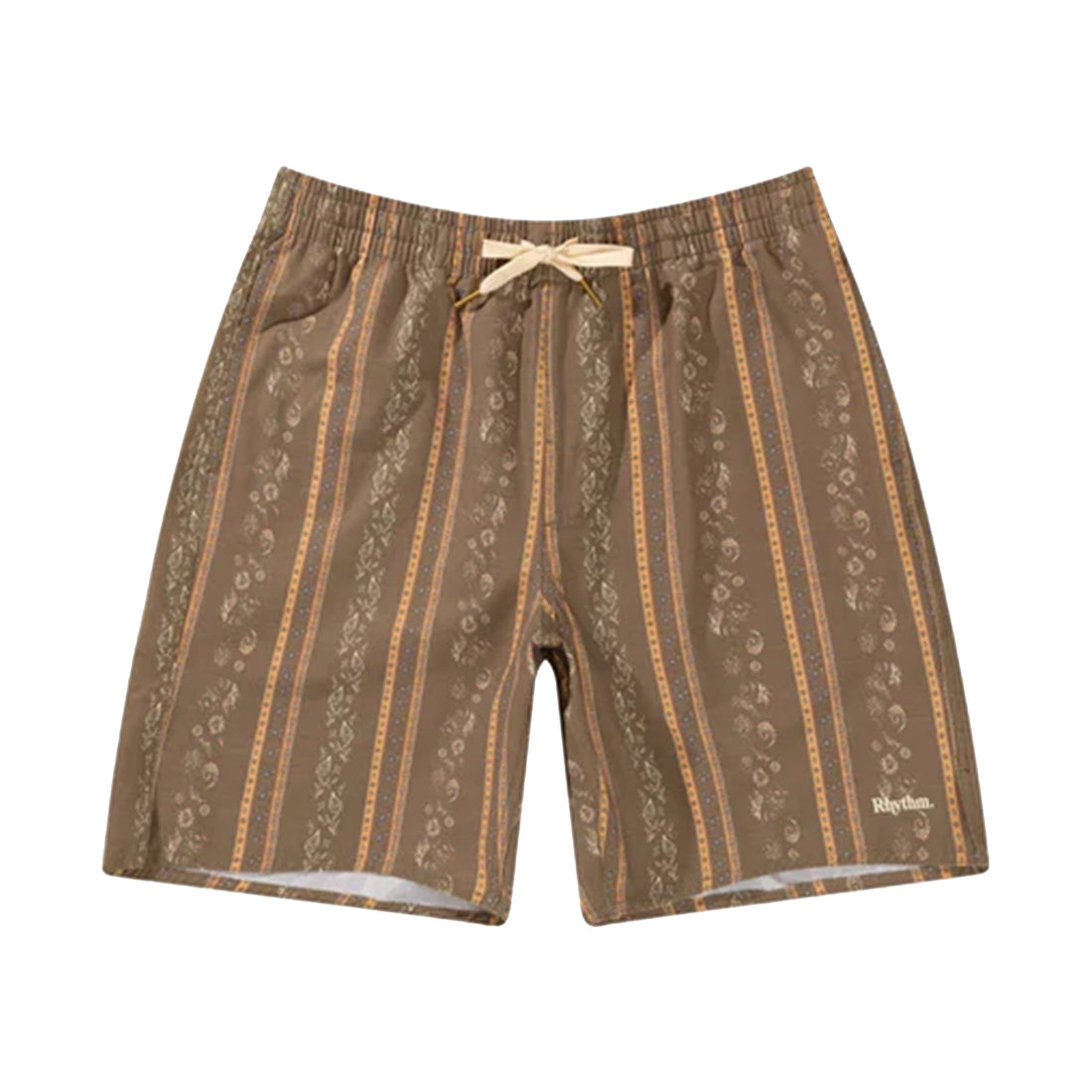 Rhythm Paisley Stripe Beach Short with seasonal paisley stripe print, elastic waistband and relaxed 17" fit.