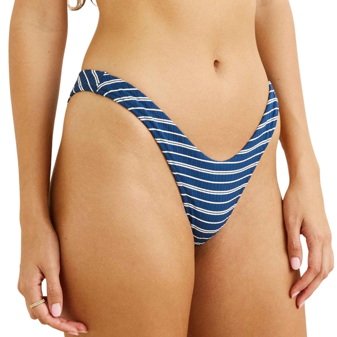 Rhythm Vista Stripe Hi-Cut Bikini Pant in Dark Blue with ribbed stripe fabric and high-cut fit, available at Freeride Surf & Skate NZ.