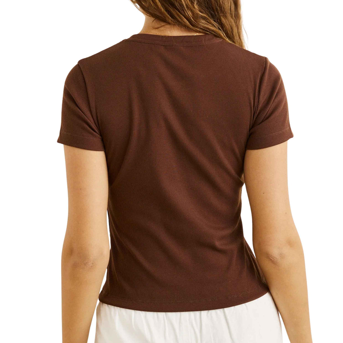 Rhythm Women's Everyday Rib Tee in Chocolate with a slim longline fit and subtle chest embroidery, available at Freeride Surf & Skate NZ.