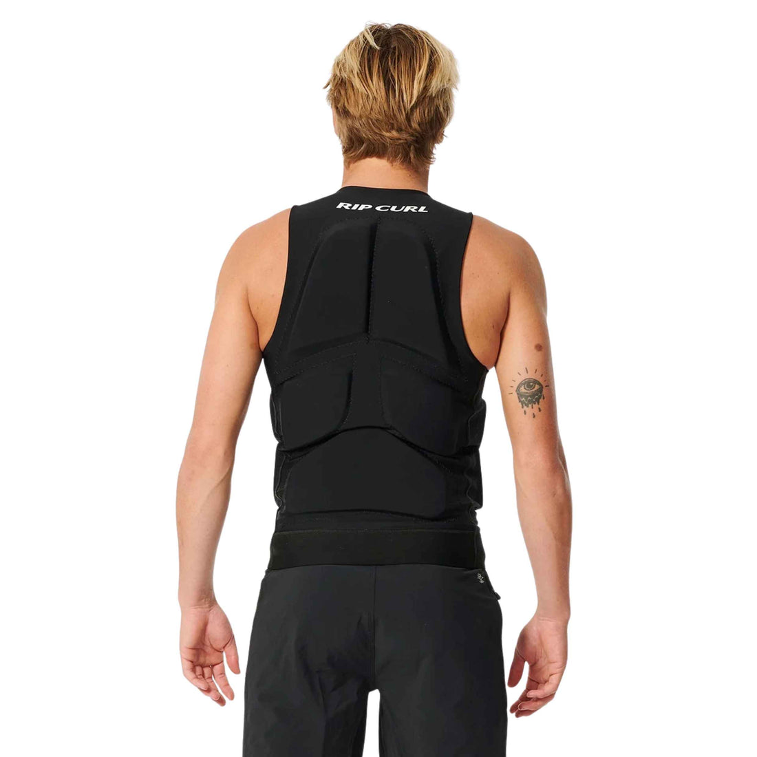 A man viewed from behind wearing a black Rip Curl wetsuit back plate, shown against a solid white background.