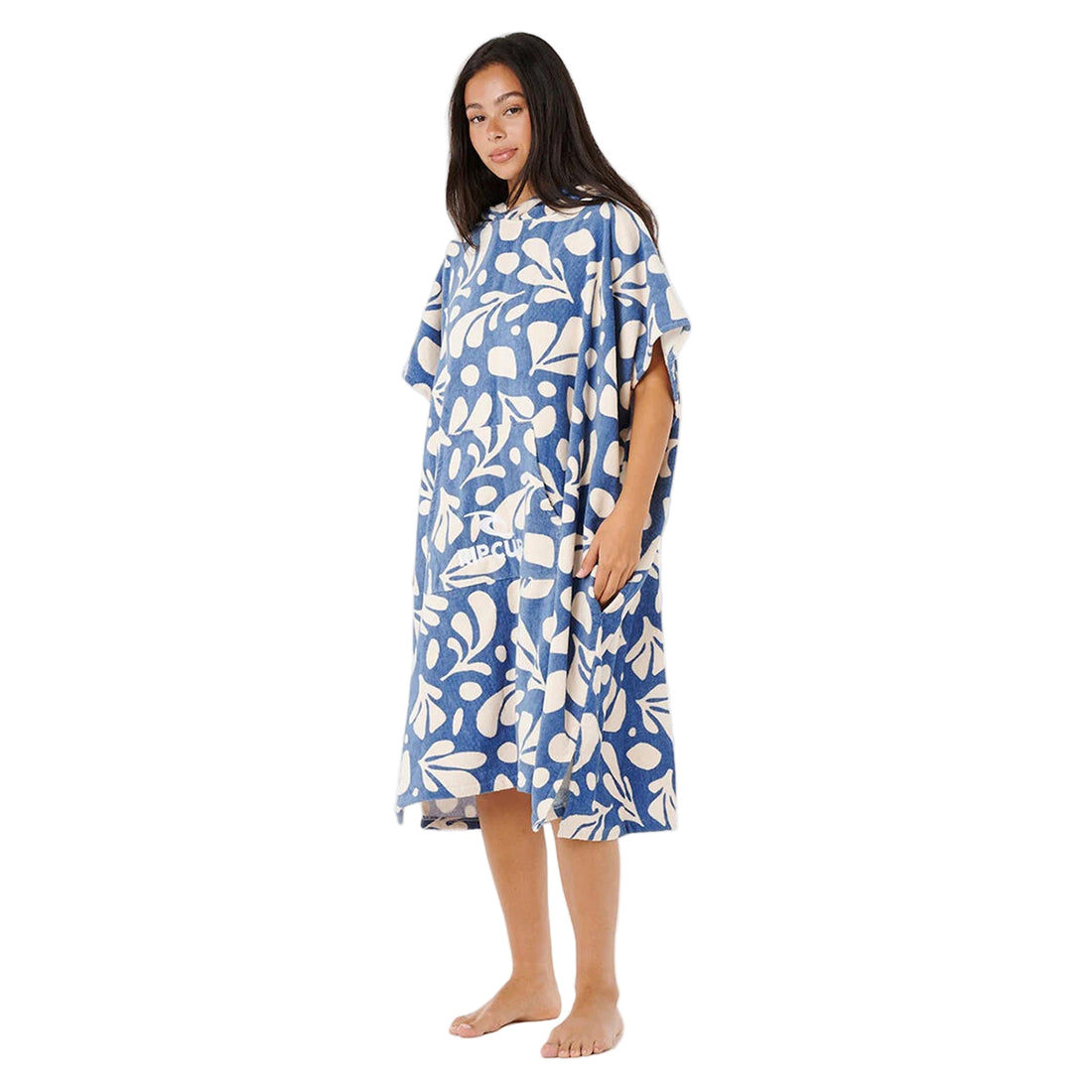 Rip Curl Mixed Hooded Towel Blue Natural – front view with kanga pocket and sleeves, available at Freeride Surf & Skate NZ