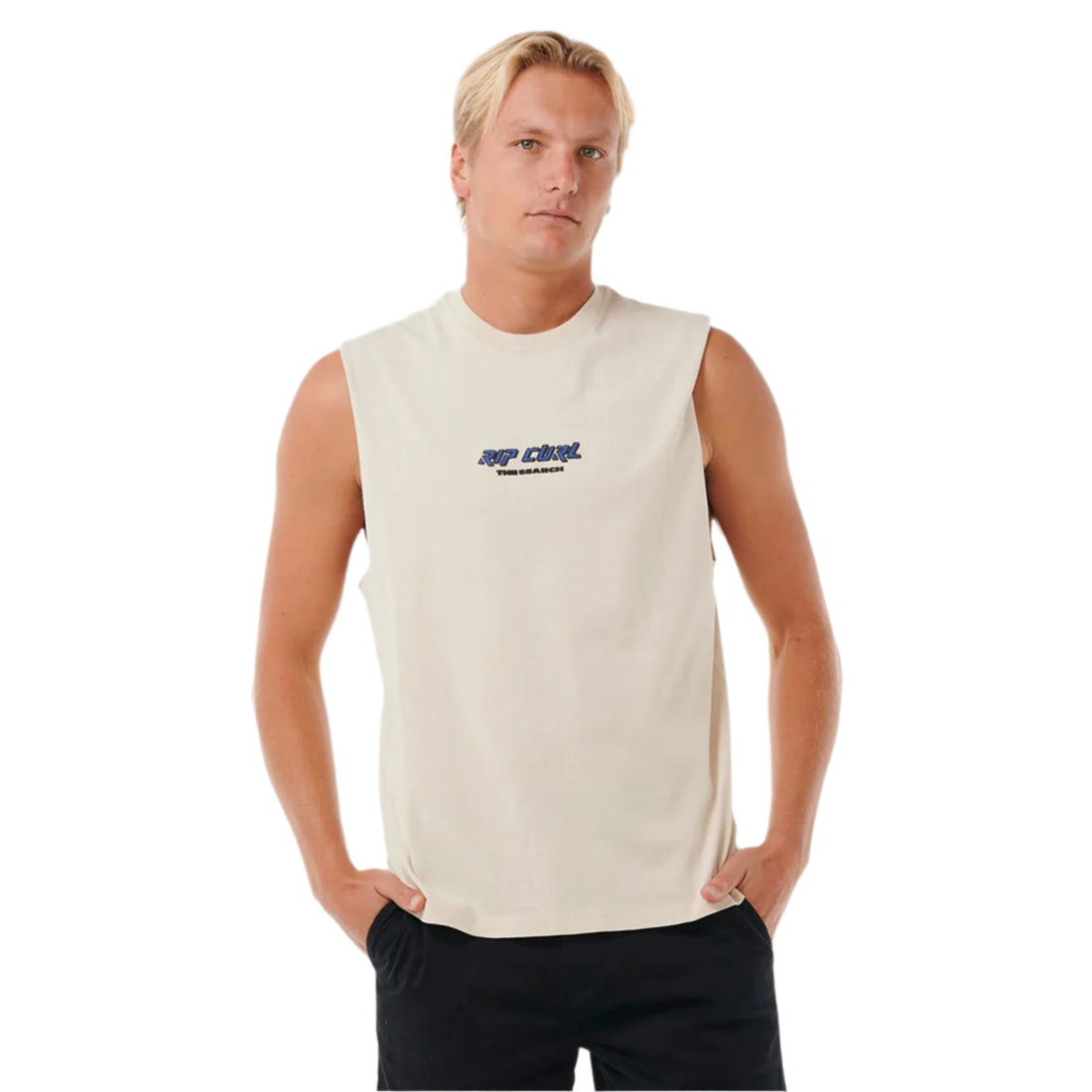 Rip Curl Quest Lock Up Muscle Vintage White — classic surf muscle singlet with chest print, available at Freeride Surf & Skate NZ.