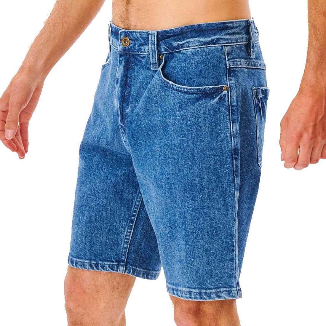 Rip Curl Tidal Denim Walkshort in Blue Denim with relaxed fit, garment-washed finish and classic denim pocket styling.