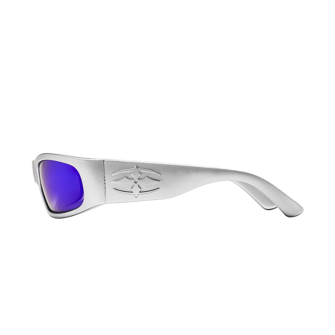 Ritual Parasite sunglasses matte chrome frame with blue reflective polarised lenses wrap fit at Freeride Surf & Skate NZ.