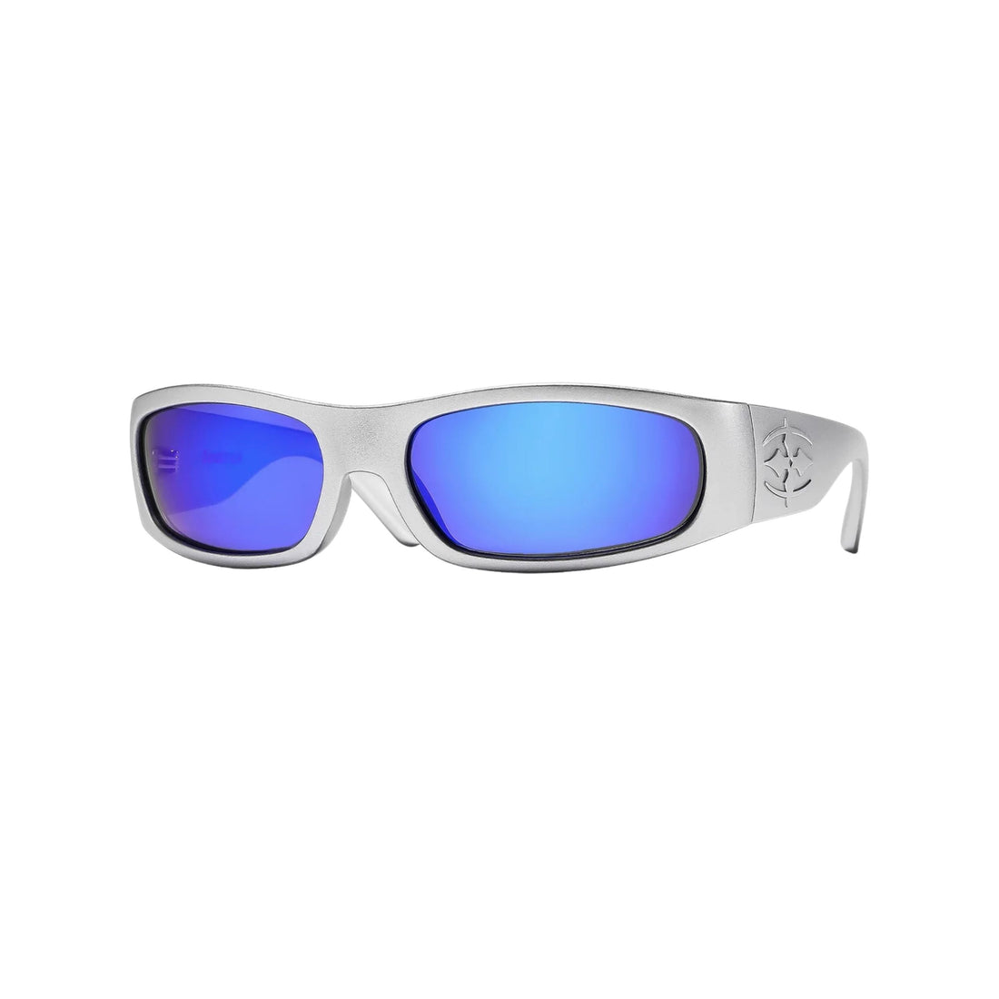 Ritual Parasite sunglasses matte chrome frame with blue reflective polarised lenses wrap fit at Freeride Surf & Skate NZ.