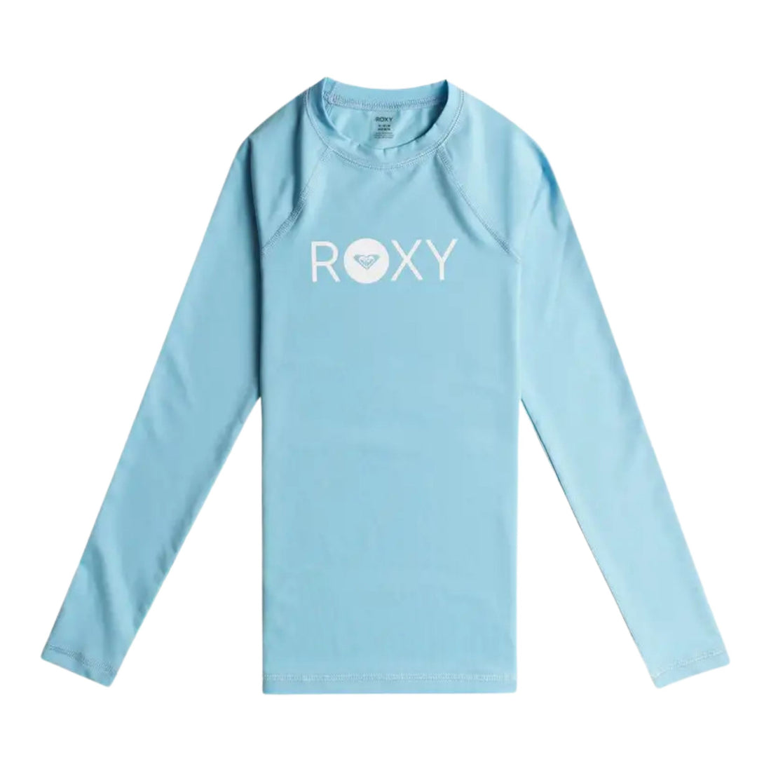 Roxy Girls Essential long sleeve lycra rashguard in Baltic Sea — fitted UPF 50 kids rashie made from recycled polyester elastane stretch fabric, available at Freeride Surf & Skate NZ.
