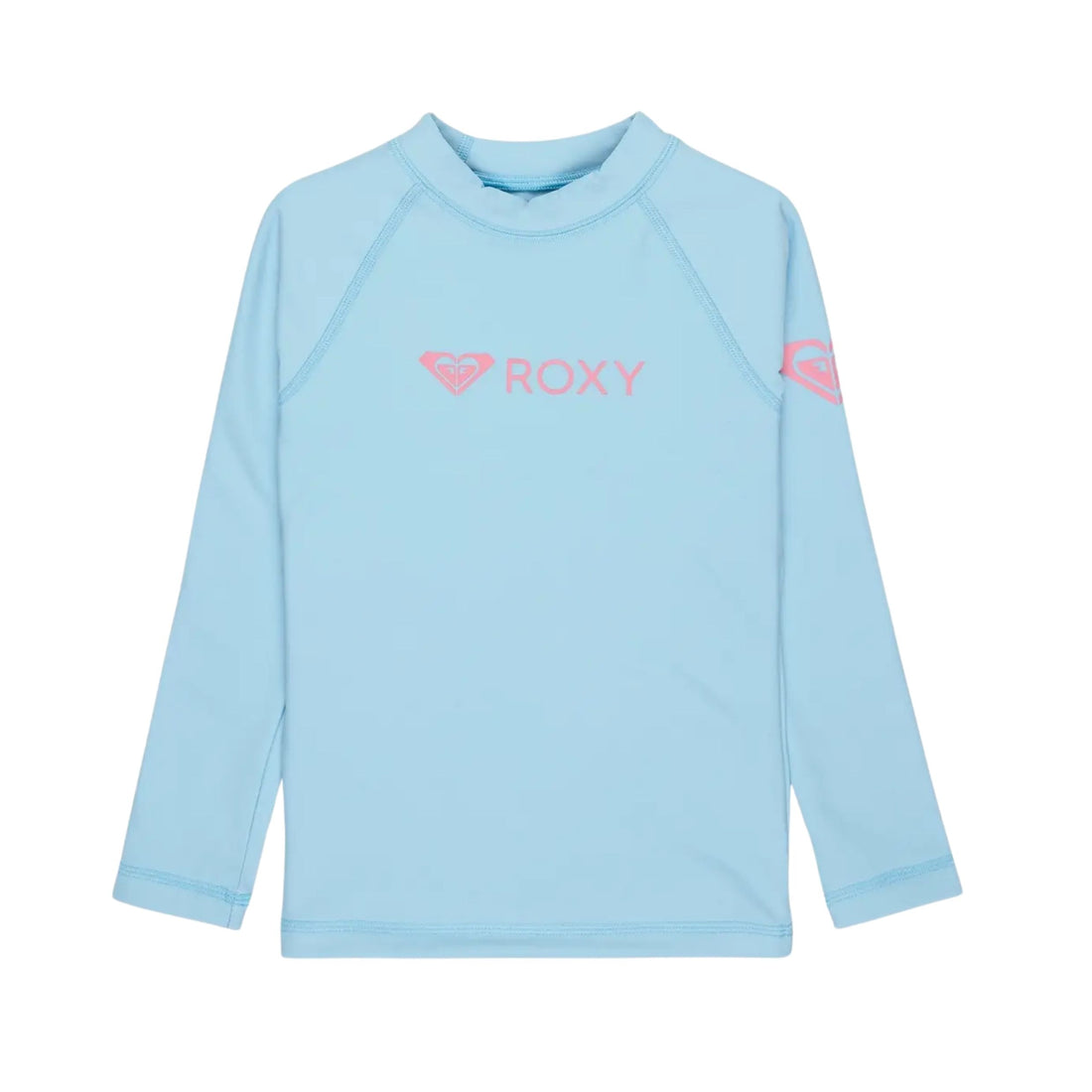 Roxy Youth Heater Thermo long sleeve rash top in Sky Blue — fitted UPF 50 kids rashie with brushed recycled thermal fabric for extra warmth, available at Freeride Surf & Skate NZ.