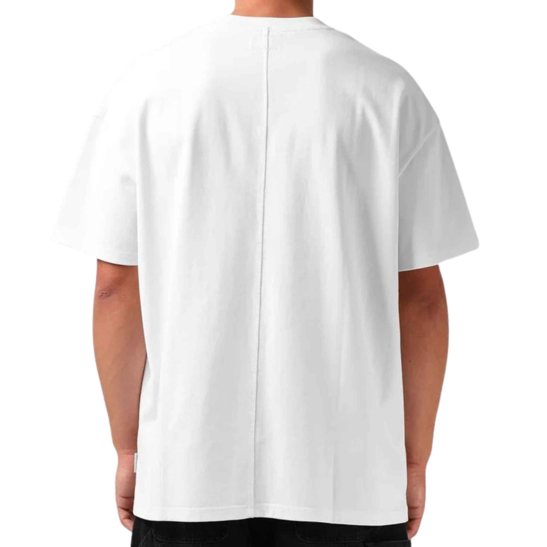 RPM Men's Sanded Oversized Tee in White with relaxed oversized fit, embroidered chest logo and stitch line detail across the back.