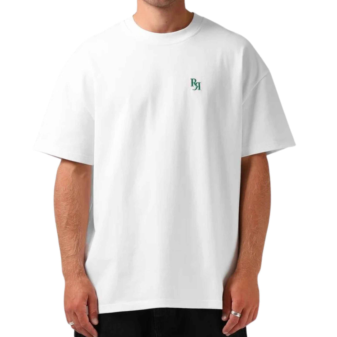 RPM Men's Sanded Oversized Tee in White with relaxed oversized fit, embroidered chest logo and stitch line detail across the back.