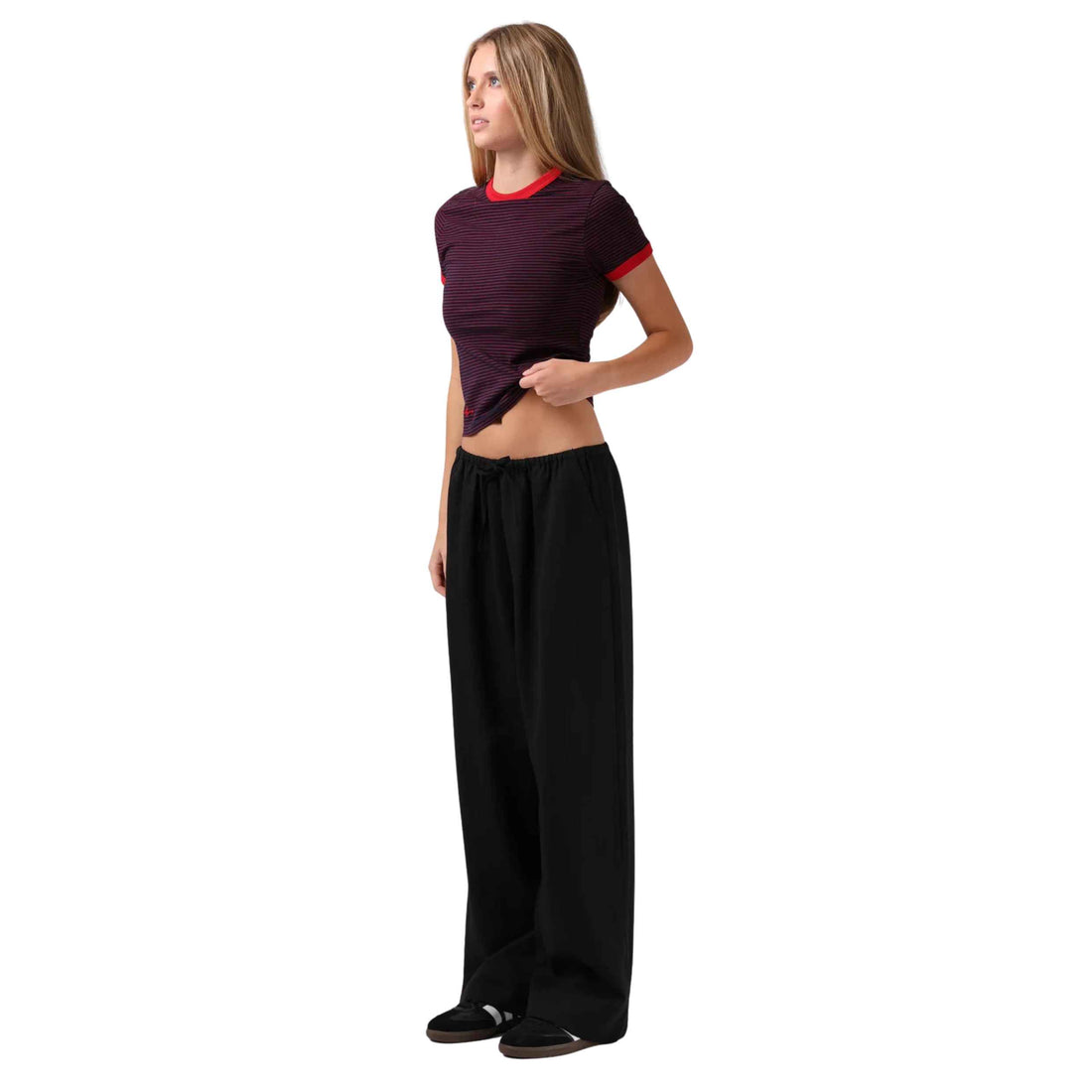 RPM Women's Norma Pant in Black with a relaxed wide-leg fit, full-length leg and elasticated drawcord waistband.