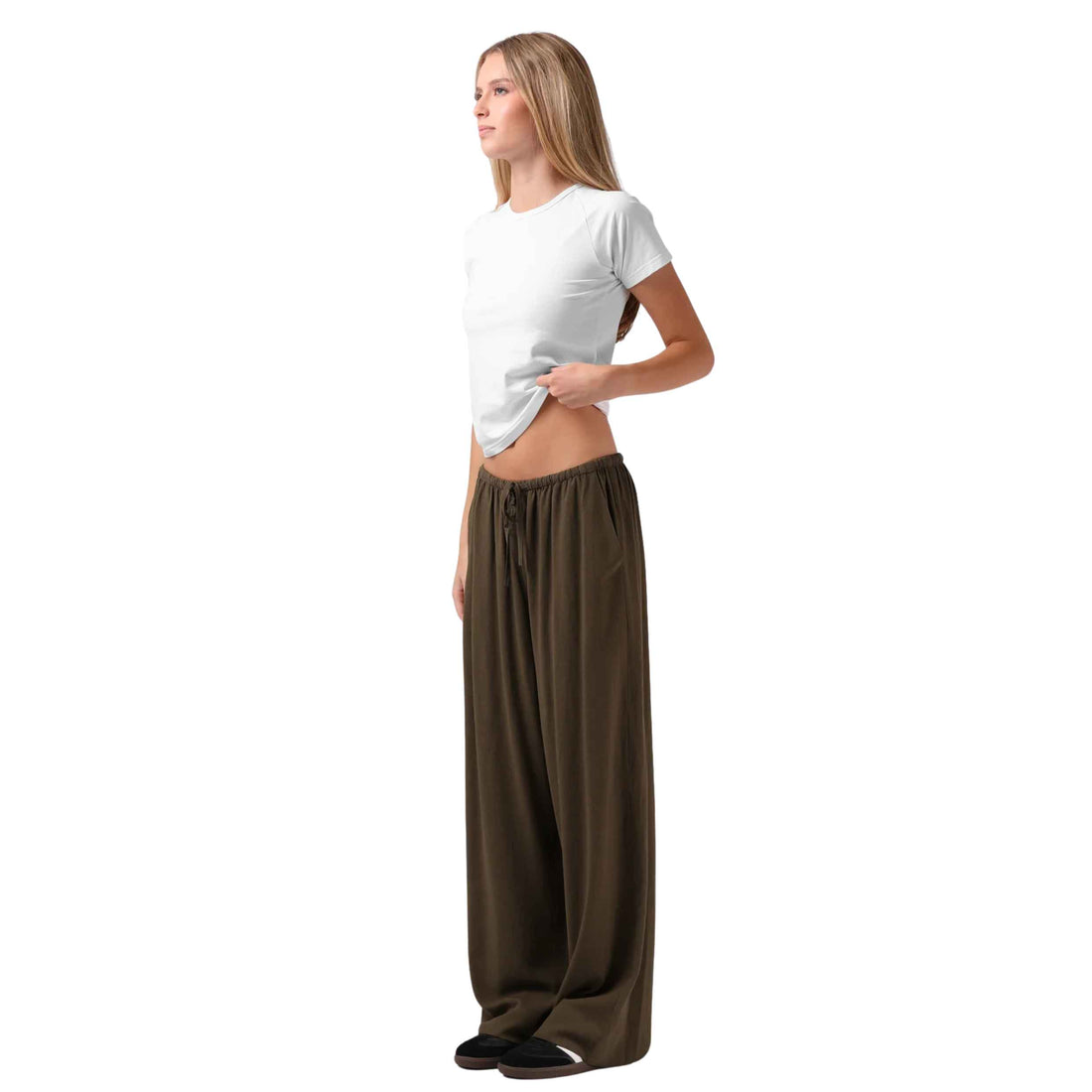RPM Women's Norma Pant in Olive with a relaxed wide-leg fit, full-length leg and elasticated drawcord waistband.
