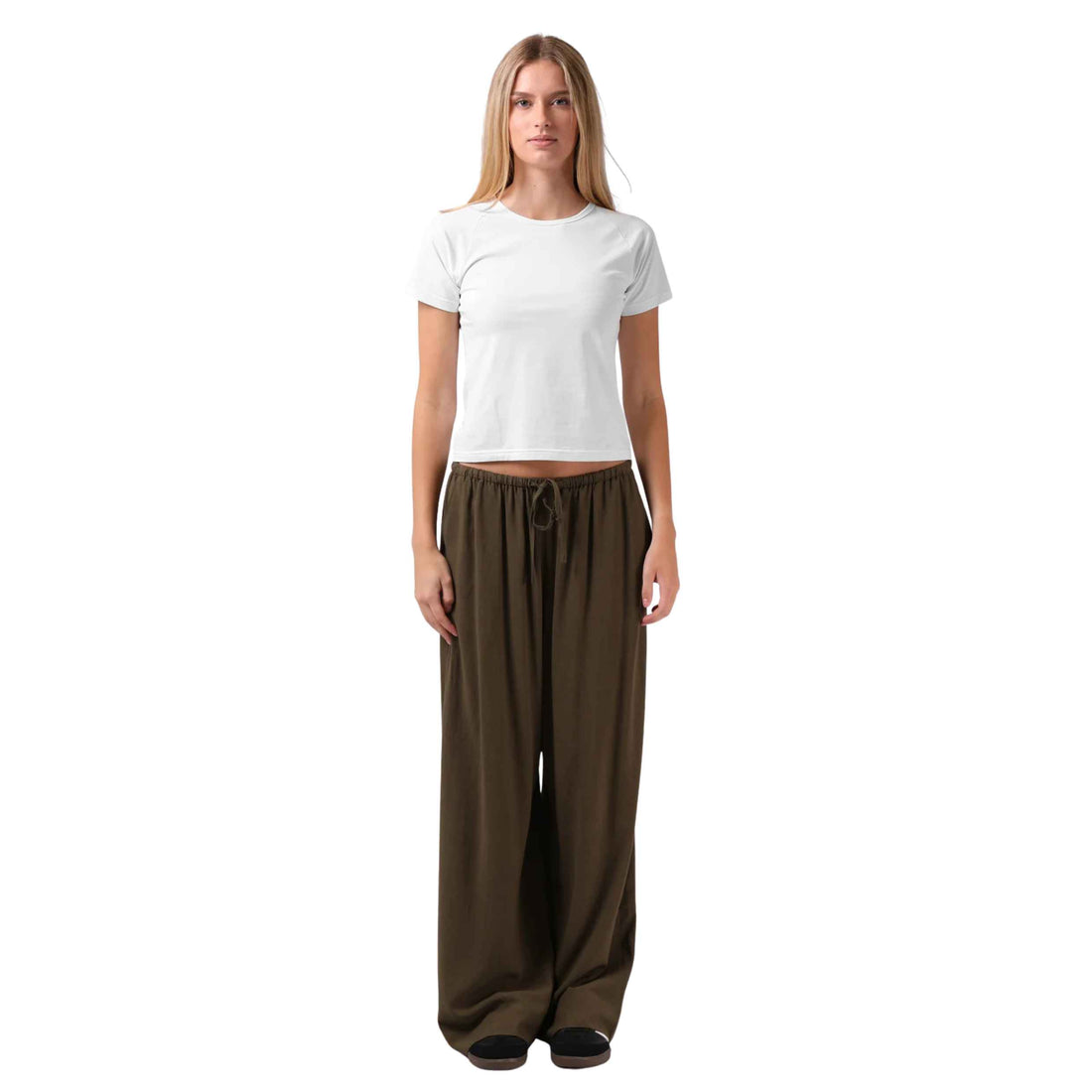 RPM Women's Norma Pant in Olive with a relaxed wide-leg fit, full-length leg and elasticated drawcord waistband.
