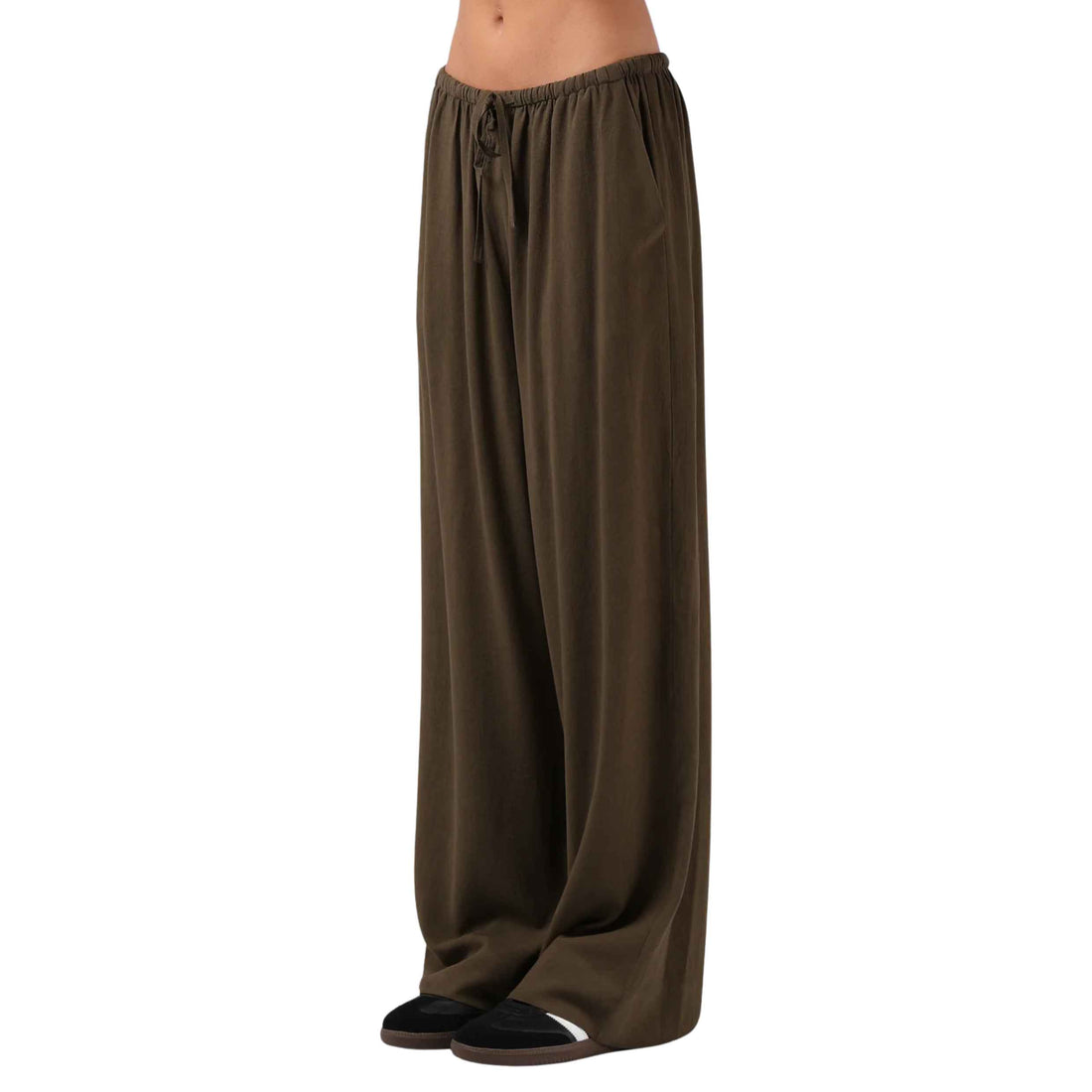 RPM Women's Norma Pant in Olive with a relaxed wide-leg fit, full-length leg and elasticated drawcord waistband.