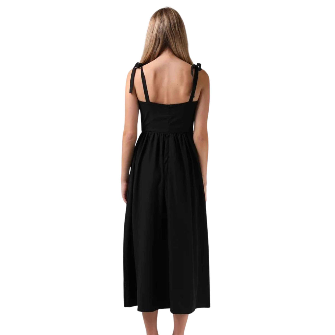 RPM Women's Sofia Midi Dress in Black with midi-length silhouette, square neckline and shoulder tie straps.