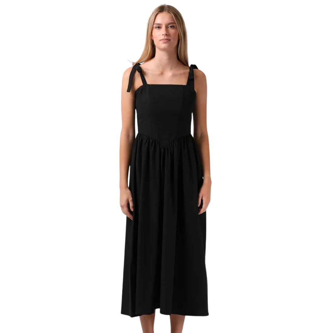 RPM Women's Sofia Midi Dress in Black with midi-length silhouette, square neckline and shoulder tie straps.