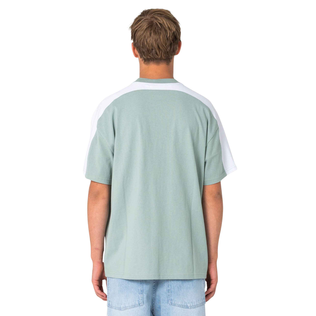 Rusty Bullet Train Short Sleeve Tee in Seafoam featuring regular OG fit, Y2K-inspired overarm panels and Rusty chest print, available at Freeride Surf & Skate NZ.