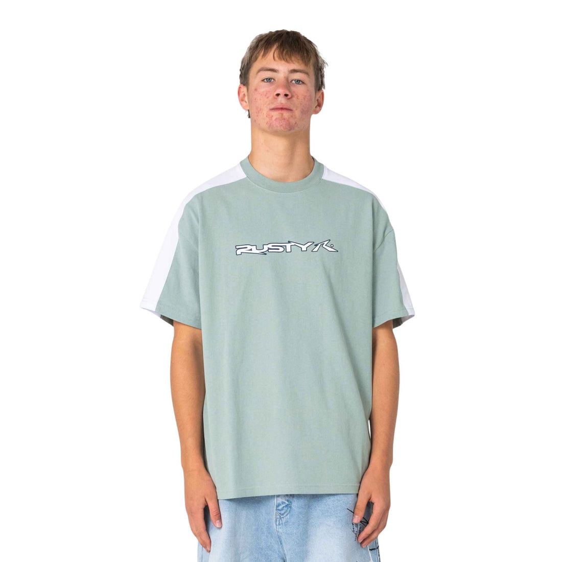 Rusty Bullet Train Short Sleeve Tee in Seafoam featuring regular OG fit, Y2K-inspired overarm panels and Rusty chest print, available at Freeride Surf & Skate NZ.