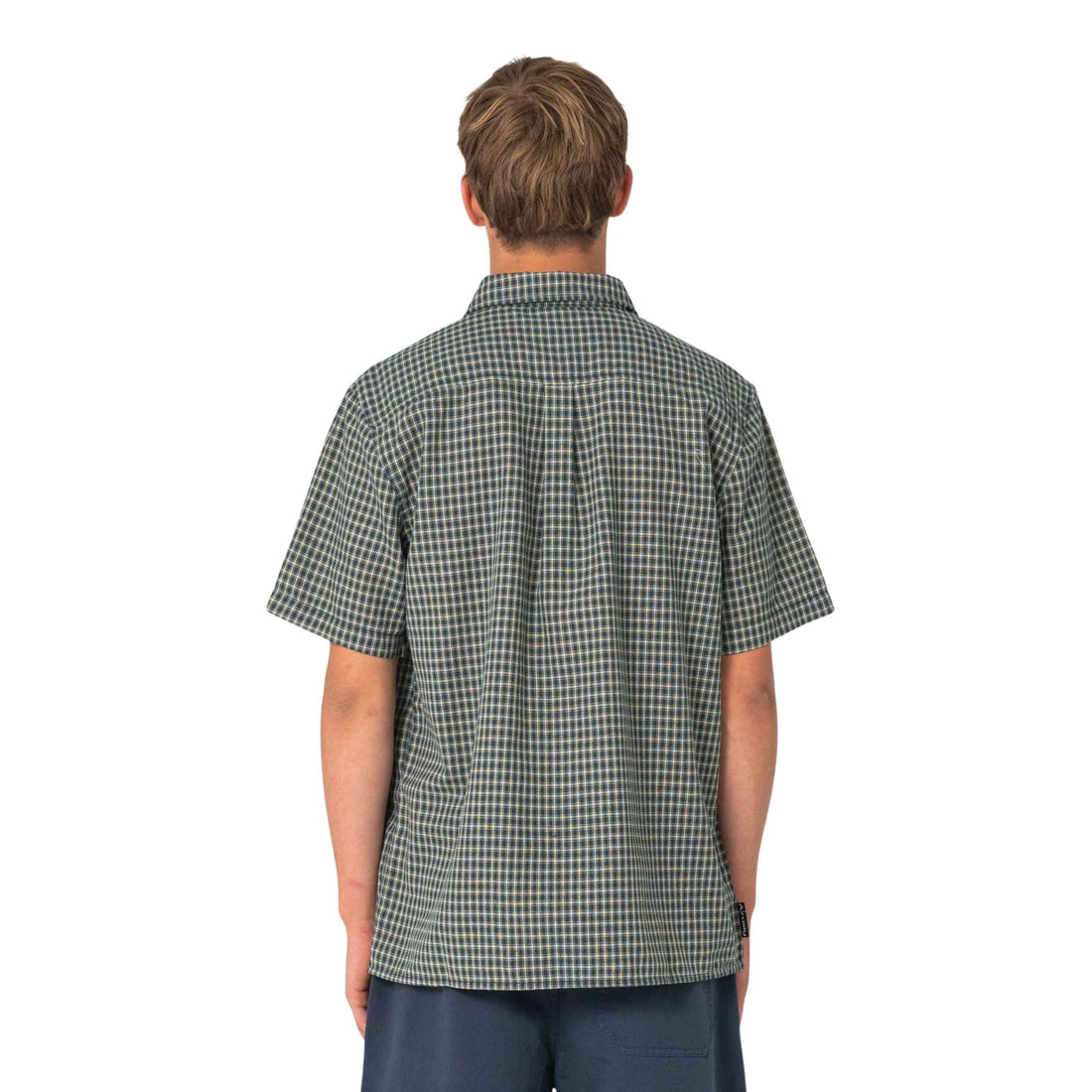 Rusty Datsun Check Shirt in Green with cotton plaid fabric, short sleeves and classic button-up design, available at Freeride Surf & Skate NZ.