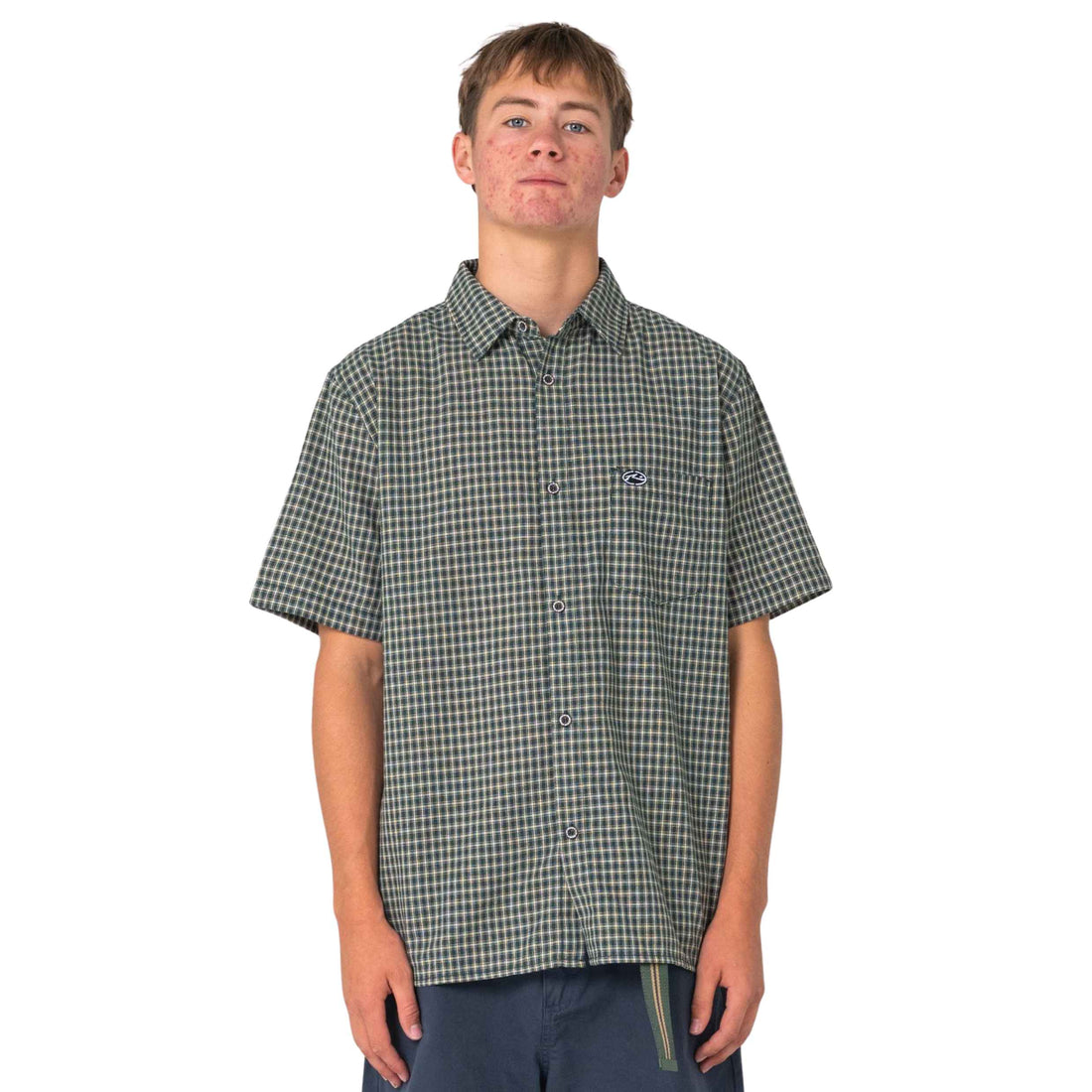 Rusty Datsun Check Shirt in Green with cotton plaid fabric, short sleeves and classic button-up design, available at Freeride Surf & Skate NZ.