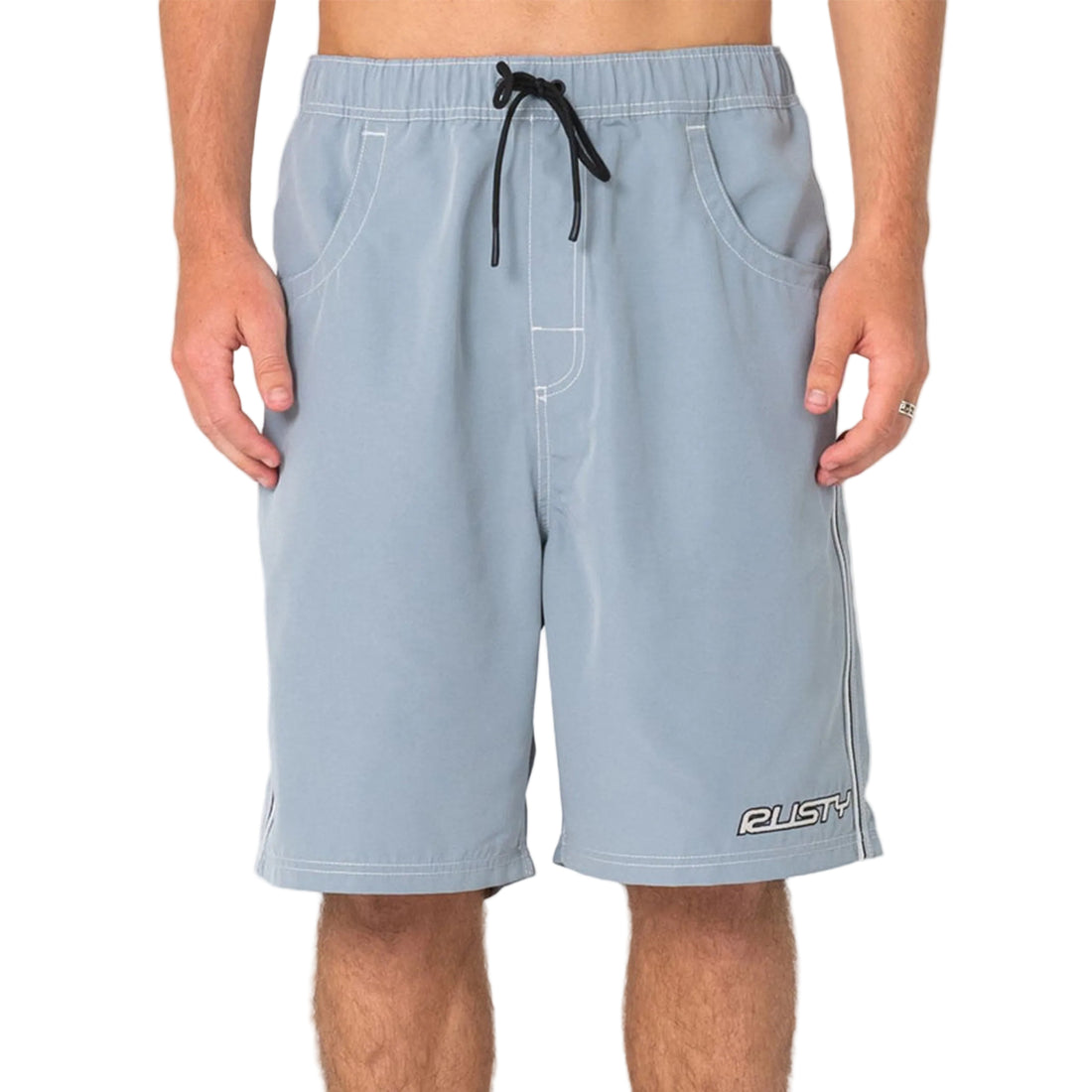 Rusty Flip Daddy 22" Elastic Waist Boardshort in stone grey is a Baggy Fit Elastic Waist Boardshort With Contrast Stitch And Logo Taping - 22" Outseam. 