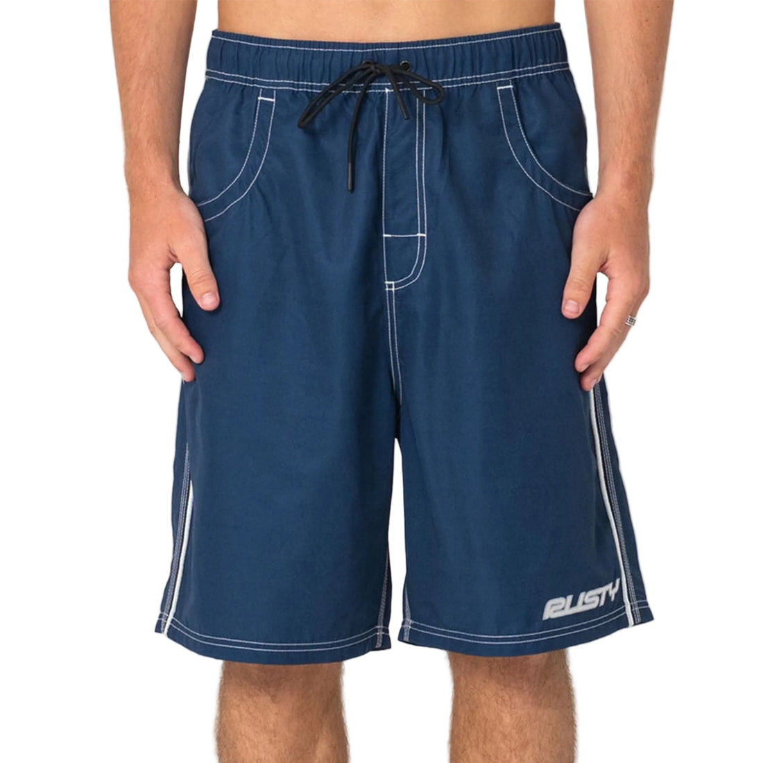Rusty Flip Daddy 22" Elastic Waist Boardshort in navy, is a Baggy Fit Elastic Waist Boardshort With Contrast Stitch And Logo Taping - 22" Outseam.