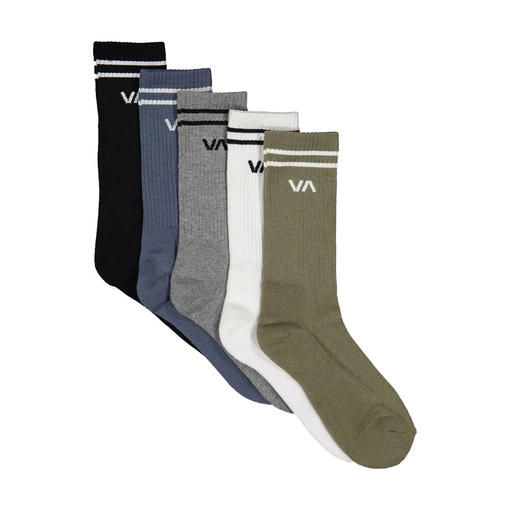 RVCA Union Socks 5 Pack in green, grey, blue, black and white, size US 7-11, available at Freeride Surf & Skate NZ.