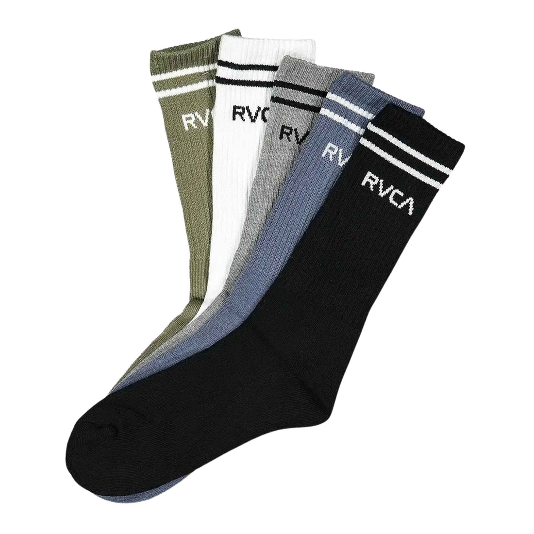 Five pairs of crew socks in black, gray, light blue, white and olive green, arranged diagonally on a white background. Each pair has white stripes near the cuff with the brand name 'RVCA' printed in white.