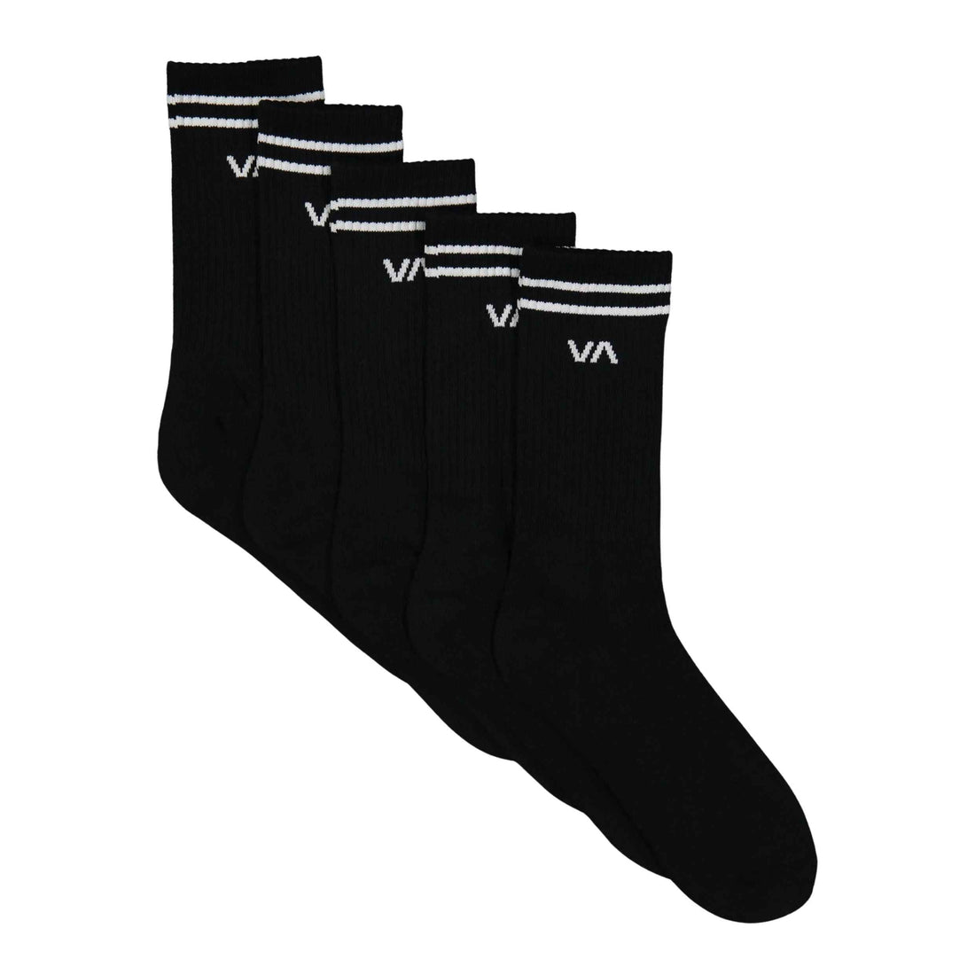 RVCA Union Socks III 5 Pack in Black, size US 7-11, with Jacquard RVCA logo details, available at Freeride Surf & Skate NZ.