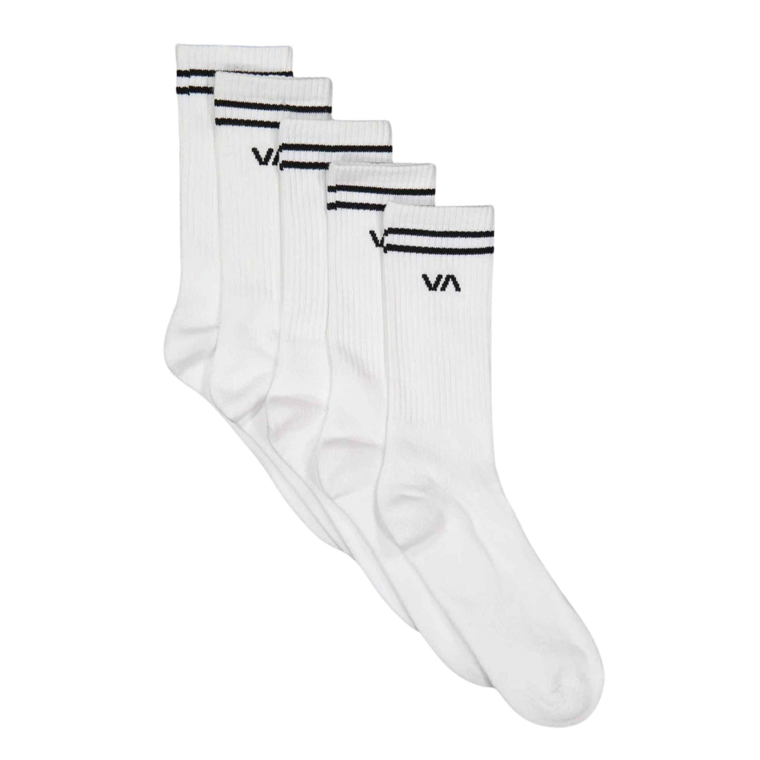 RVCA Union Socks III 5 Pack in White, size US 7-11, with Jacquard RVCA logo details, available at Freeride Surf & Skate NZ.