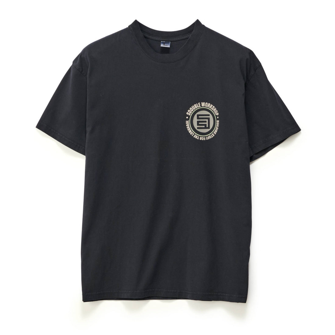 S/Double Workshop Dot SS Tee in Pigment Black with plastisol front graphic, 100% cotton streetwear t-shirt, NZ.