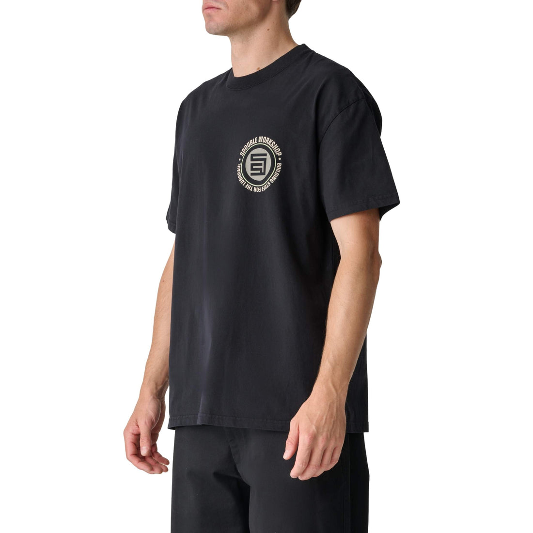 S Double Work Shop T-Shirt black cotton streetwear tee with front graphic available at Freeride Surf & Skate NZ.