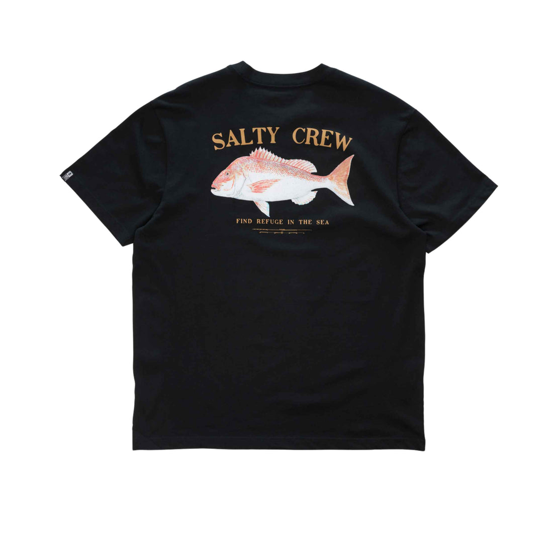 Salty Crew Classic Snapper Tee in Black featuring front and back Snapper screen prints, soft-spun cotton jersey and sleeve label, available at Freeride Surf & Skate NZ.