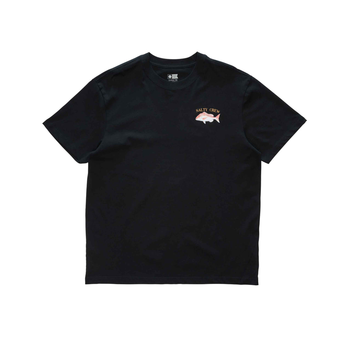 Salty Crew Classic Snapper Tee in Black featuring front and back Snapper screen prints, soft-spun cotton jersey and sleeve label, available at Freeride Surf & Skate NZ.