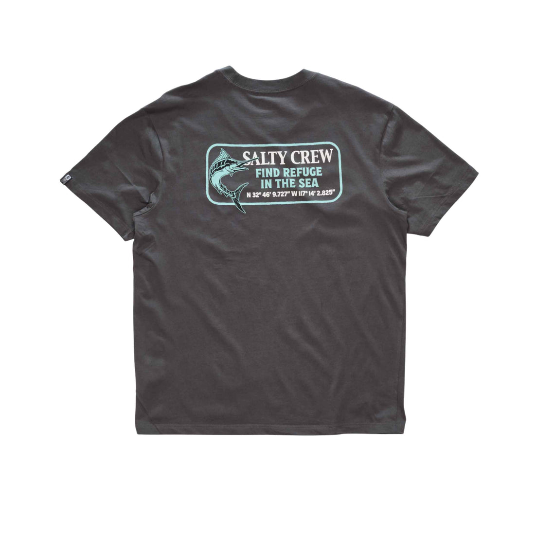 Salty Crew Coordinates Premium Tee in Dark Grey featuring front and back screen printed graphics, soft-spun 160gsm cotton jersey and sleeve label, available at Freeride Surf & Skate NZ.