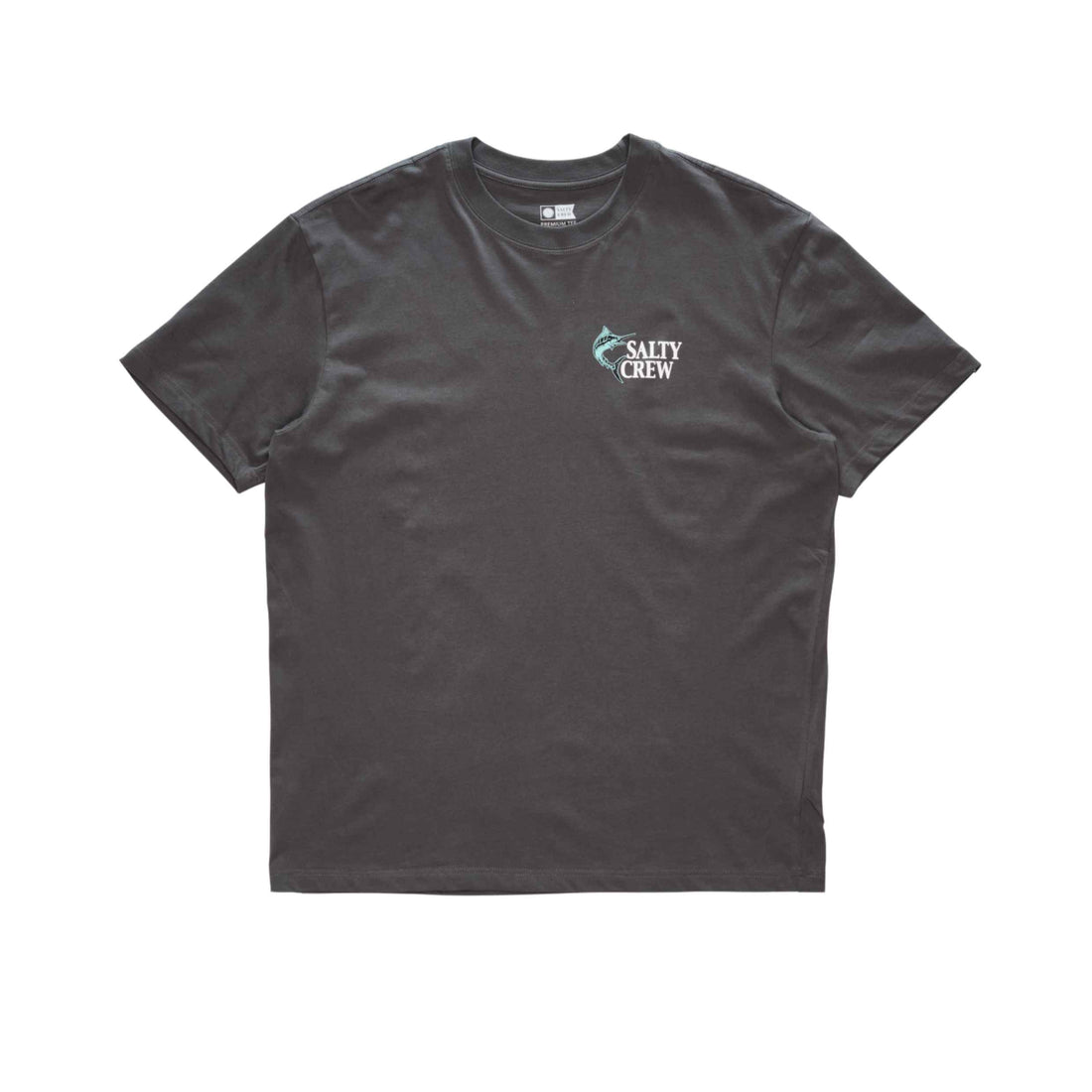 Salty Crew Coordinates Premium Tee in Dark Grey featuring front and back screen printed graphics, soft-spun 160gsm cotton jersey and sleeve label, available at Freeride Surf & Skate NZ.