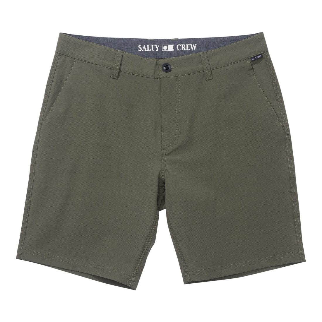 Salty Crew Drifter 19" Hybrid Short in Four Leaf Clover front view showing button closure and slub texture.