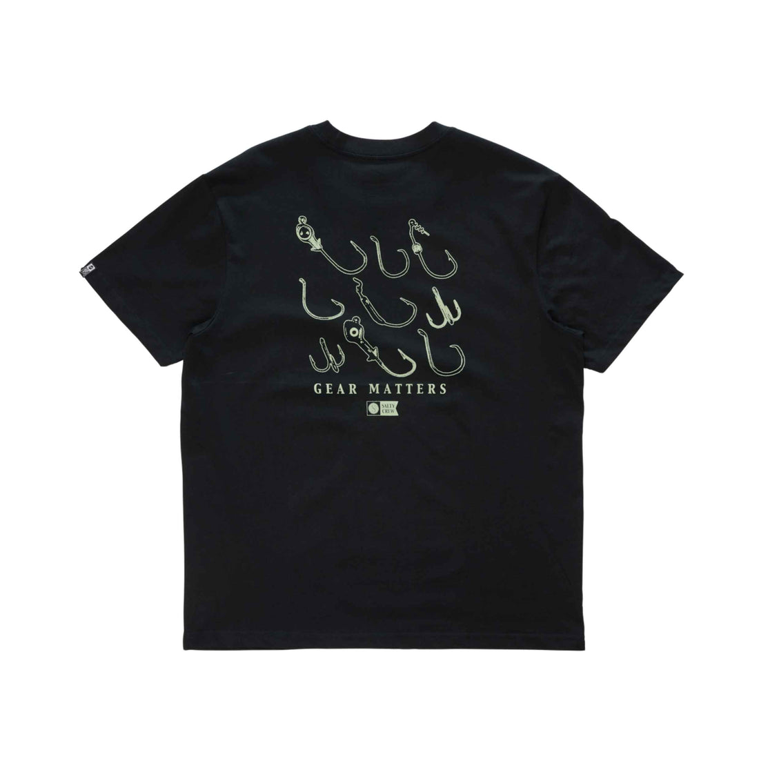 Salty Crew Fish Gear Classic Tee in Black featuring front and back screen printed graphics, soft-spun cotton jersey and sleeve label, available at Freeride Surf & Skate NZ.