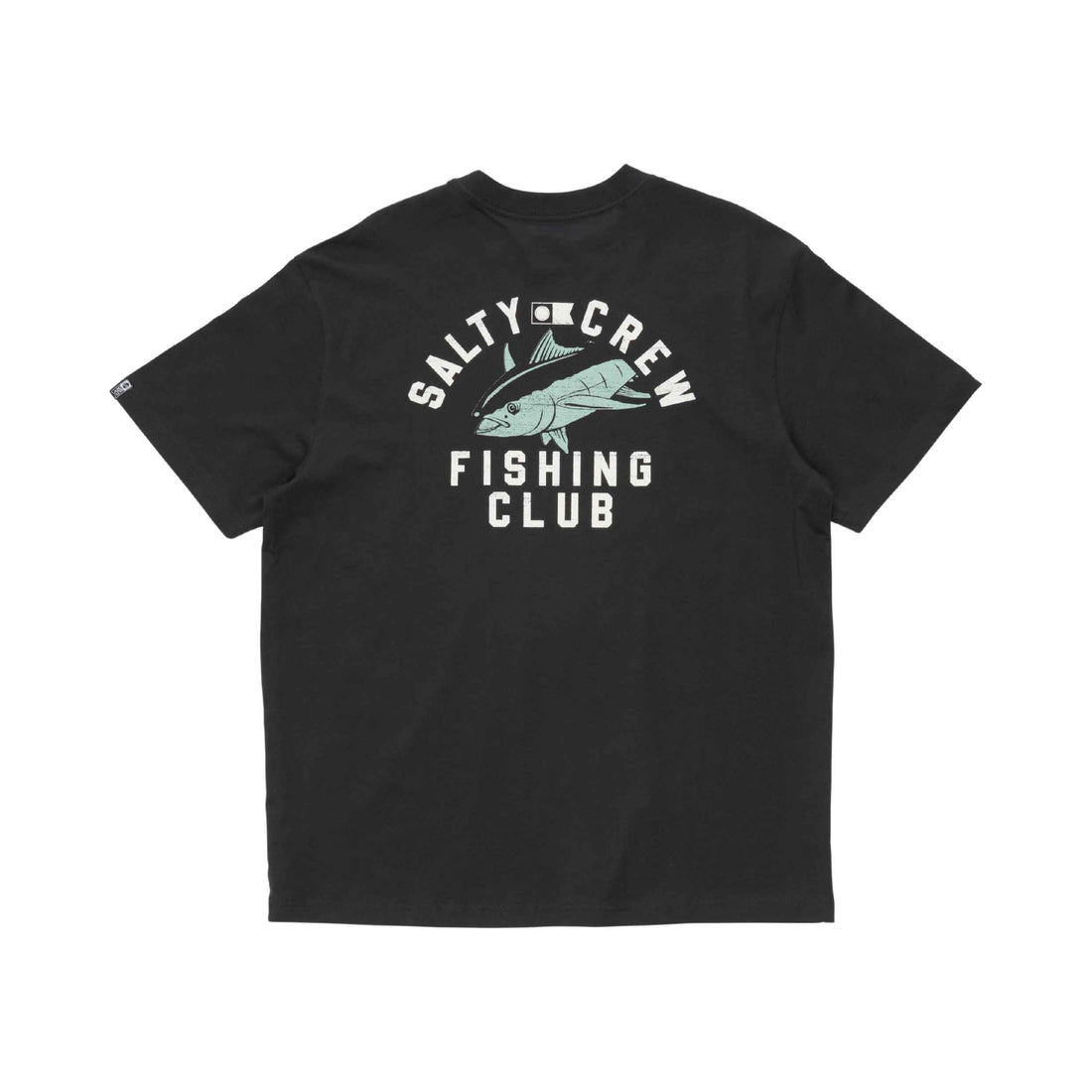 Salty Crew Fishing Club Classic Tee in Vintage Black with front and back screen-printed graphics, available at Freeride Surf & Skate NZ.