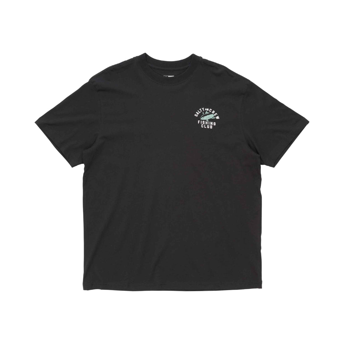 Salty Crew Fishing Club Classic Tee in Vintage Black with front and back screen-printed graphics, available at Freeride Surf & Skate NZ.