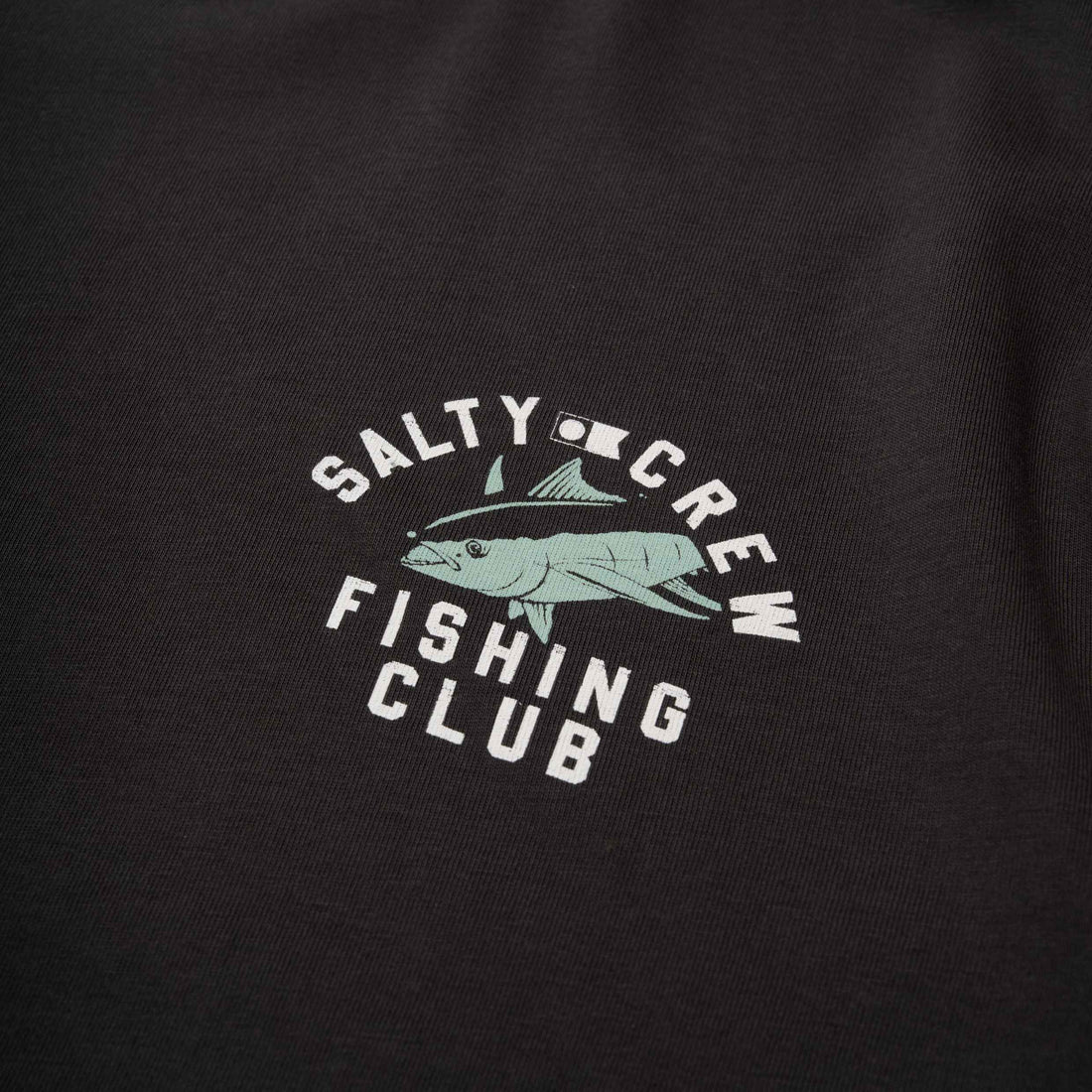 Salty Crew Fishing Club Classic Tee in Vintage Black with front and back screen-printed graphics, available at Freeride Surf & Skate NZ.