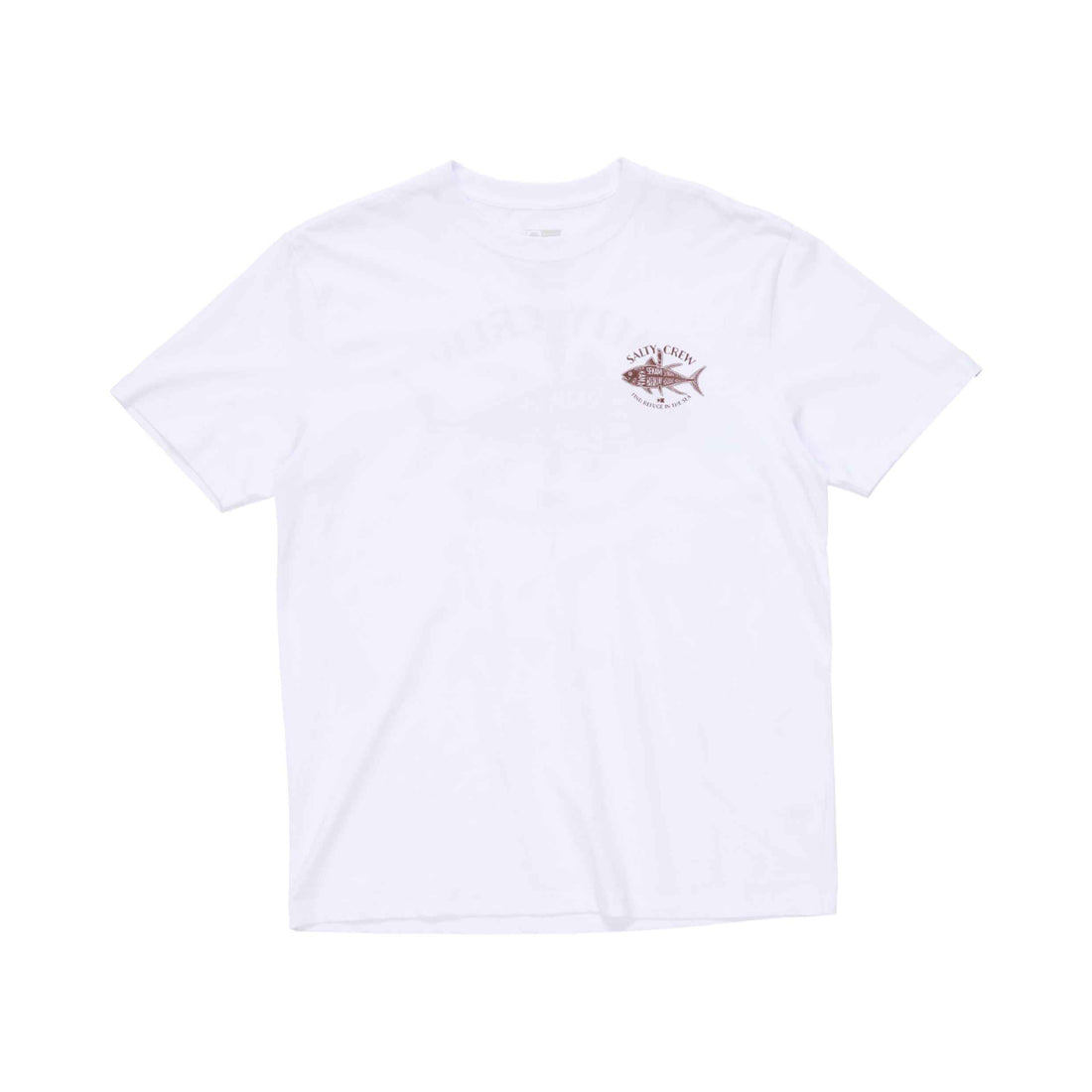 Salty Crew Omakase Premium Tee in White with front and back screen-printed graphics, available at Freeride Surf & Skate NZ.